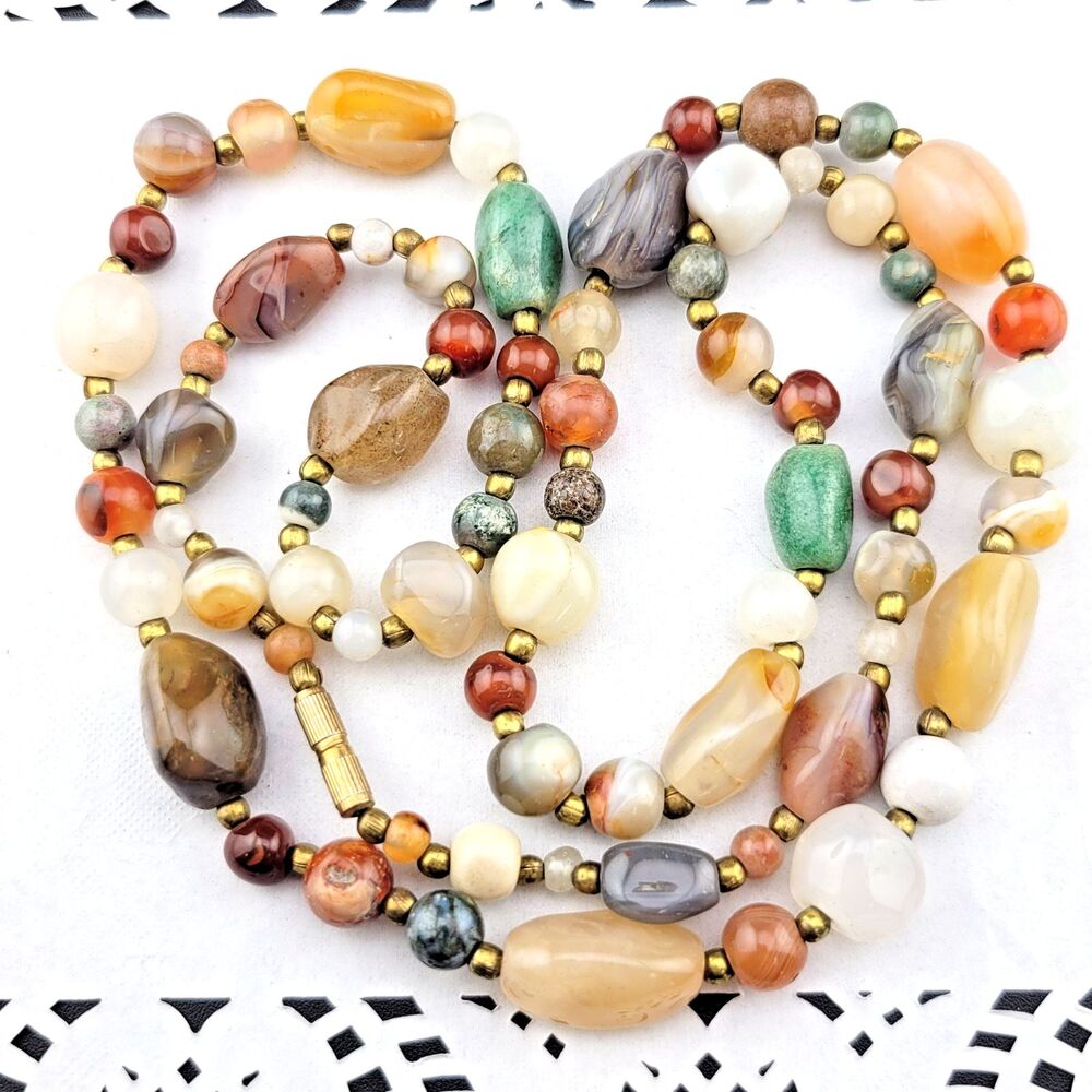Vintage Southwest Tumbled Agate Jade Quartz Stone Brass Bead 20" Necklace